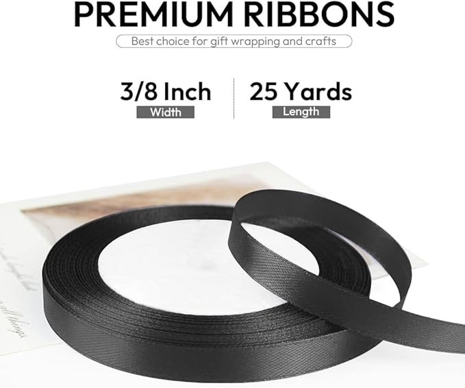 3/8 Inch 25 Yards Satin Ribbon Black, Solid Color Fabric Ribbon for Gift Wrapping, Wedding, Polyester Gift Ribbon for Birthday Party Decoration, Craft, Hair, Floral, Sewing
