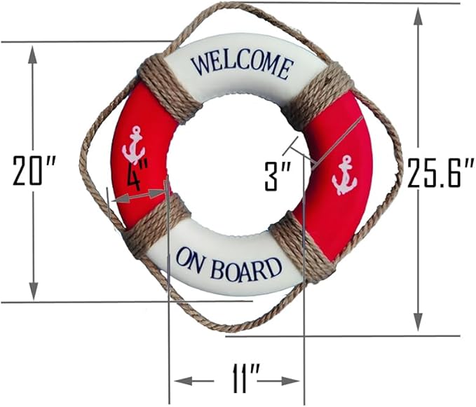 MorroMorn Lifebuoy Wall Hanging Decor - Welcome Aboard Mediterranean Style Home Decoration Hemp Rope (Red, 20")