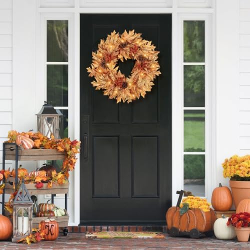 24in pre-lit fall wreaths for front door with showing dimensions