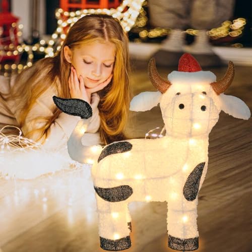 bshine lighted christmas cow decor, pre lit led, side view