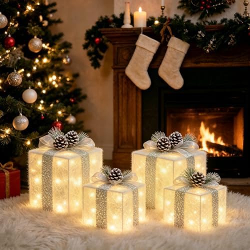 set of 4 christmas lighted gift boxes, battery, side view
