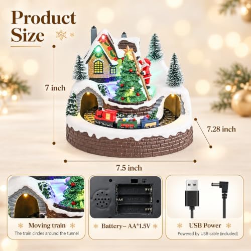 mumtop christmas village house, lighted christmas train sets shown in use