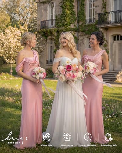 Ling's moment Artificial Flowers Powder Pink Cream Bridesmaid Bouquet 4 Pcs | Pink Wedding Flowers, 7 Inch Bridal Bouquets, For Bridesmaids
