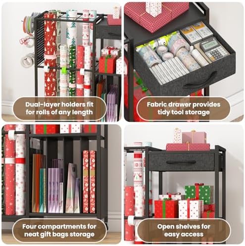 wrapping paper storage cart, rolling gift wrap station, close-up detail