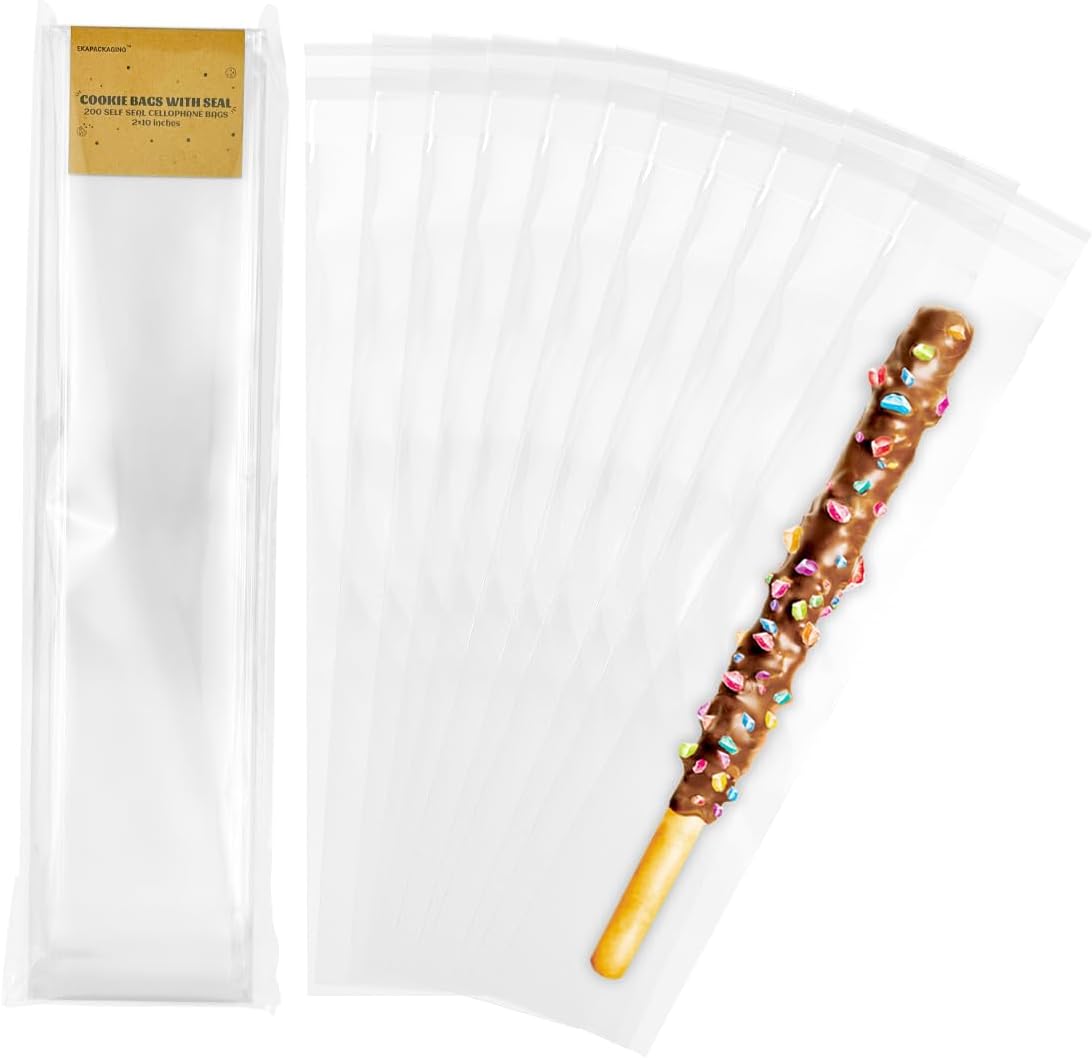 EKAPACKAGING 200Pcs 2x10 Inches Self Sealing Cellophane Bags Clear Pretzel Rod Bags for Treat, Candy Melts, Cookie, Popsicle, Ice Pop