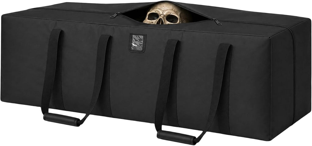 Klmnop 12ft Skeleton Storage Bag, Heavy Duty 600D Oxford Large Halloween Christmas Storage Bag with Zipper, Padded Handles & Label Pocket for 12 Foot Skeleton, Artificial Trees Holiday Decor(Black)