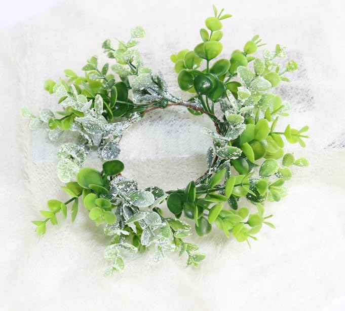 Candle Rings 3" Center Eucalyptus Candle Ring Artificial Mini Wreath Pillar Candle Holder Twig Spring Candle Wreaths for LED Candles Birthday Wedding Dinning Party or Easter Fireplace Decor (2, Green)