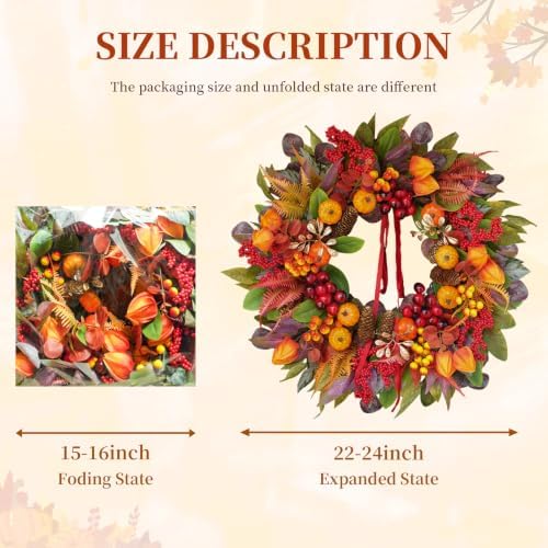 fall wreaths for front door 24" harvest thanksgiving, side view