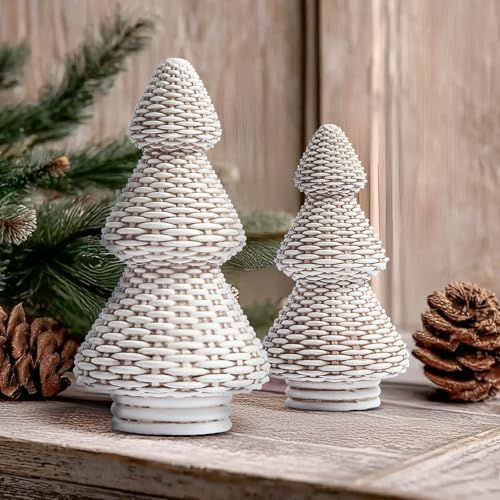 dn deconation white christmas tree figurines, natural rattan showing dimensions
