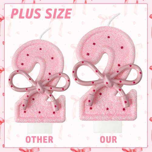 Pink Birthday Candles with Bows, 3.3 Inch Birthday Candles for Cake Decorations, Cute Anniversary Celebration Supplies for Girls and Women (2)