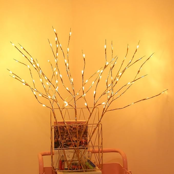 DK177 2 Pack Led Branch Light Battery Operated Lighted Branch Vase Filler Willow Tree Artificial Little Twig Power Golden 30 Inch 20 LED for Home Romantic Decoration (Gold-Warm White)