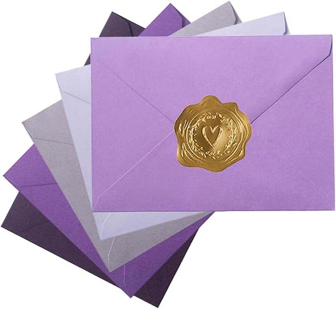 50 Pack Colored A6 Invitation Envelopes 4x6 with Gold Stickers for Cards and Invitations, 5 Colors (Purple, 6 1/2 x 4 3/4 inches)