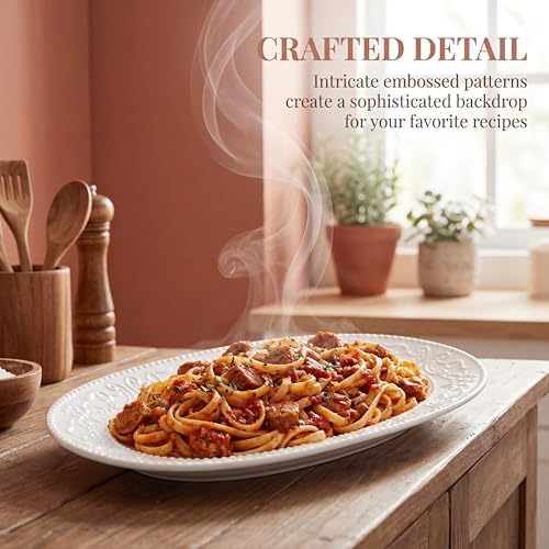 oval serving platter, 14"/12"/10" ceramic serving platters, embossed shown in use