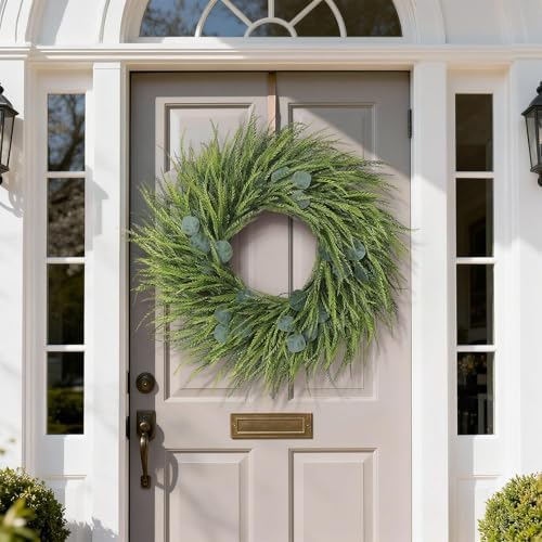 26" artificial eucalyptus with fake saw grass wreath shown in use