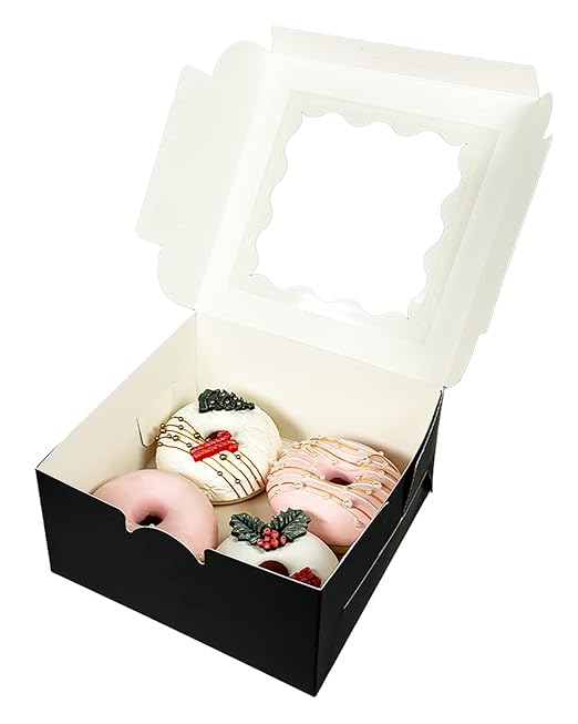 Bakepacker 100pcs Black Cookie Boxes 6x6x3 inches Easy Assemble Macaroon Pastry Boxes Bakery Boxes with Window for Bakery