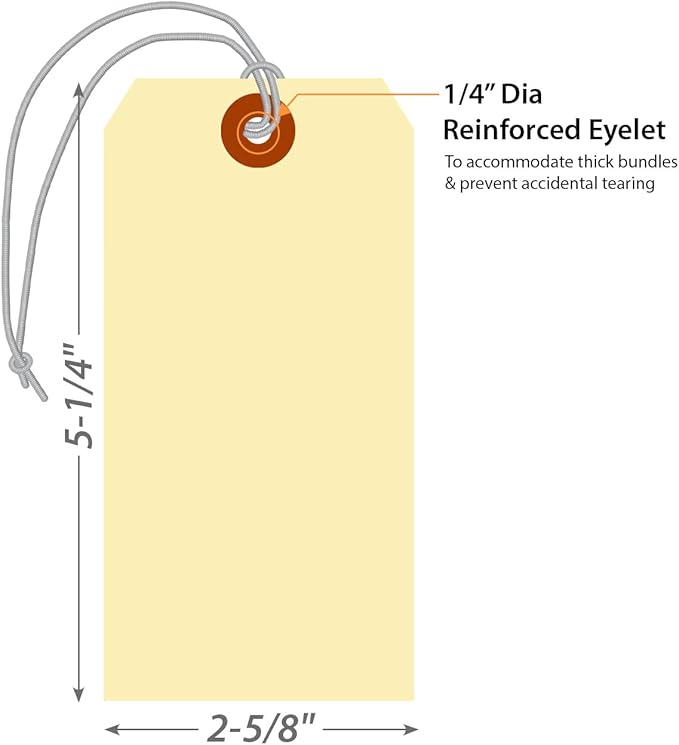 SmartSign Blank Manila Shipping Tags with Elastic Strings - Pack of 100, Size-6, 13pt Thick Pre-Strung Cardstock Tag, 5.25 x 2.625 inch, Paper Hang Tags with Reinforced Fiber Patch