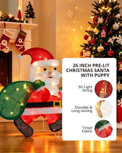lighted christmas santa claus with puppy, 26 inch, close-up detail