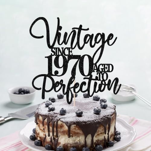 Kaoenla Glitter Vintage Since 1970 Cake Topper, Black Sparkle Aged to Perfection 56th Birthday & Anniversary Party Cake Decoration