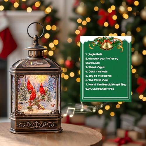 Christmas Snow Globe Water Glittering Cardinal with Music, USB Lined/Battery Operated Lighted Lantern for Christmas Festival Decoration Gifts