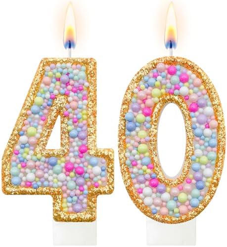 Number 40 Birthday Candle with Gold Glitter Border and Colorful Bead Design, Cake Topper Decoration for Boys Girls