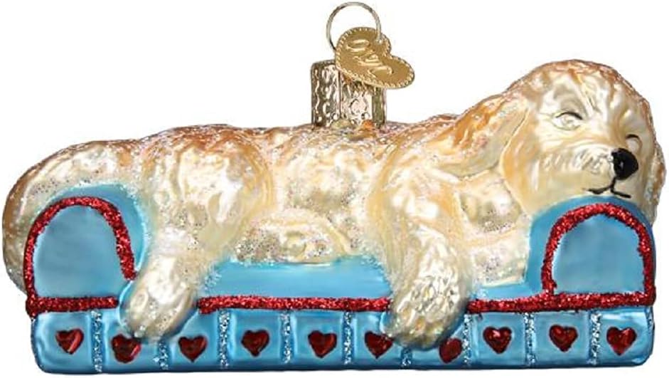 Old World Christmas Sleepy Doodle Dog Glass Blown Ornament for Christmas Tree, Handcrafted Holiday Decoration, Dog Collection