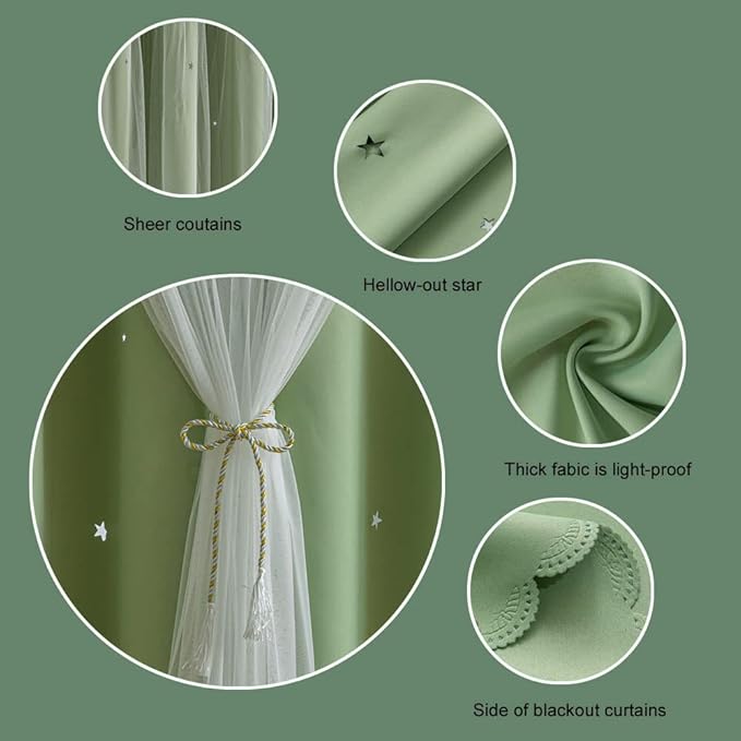 FANLI 2 Panels Star Blackout Curtains for Kid Girls Bedroom Living Room Darking Stripe Double Layer Star Cut Out Wall Home Decor Gradient Grommet Window Curtains (Green 84L)