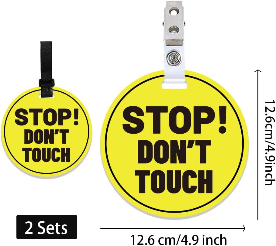 PLIGREAT 2 Pack Yellow Stop Don't Touch Baby Car Seat Sign for Newborn Babys Girl Boy No Touching Kissing Baby Reminder Signage for Babys Carrier Car Seat Stroller Tag with Hanging Straps and Clip