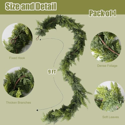 9ft christmas garland, artificial lifelike two-tone cypress flexible, front angle view