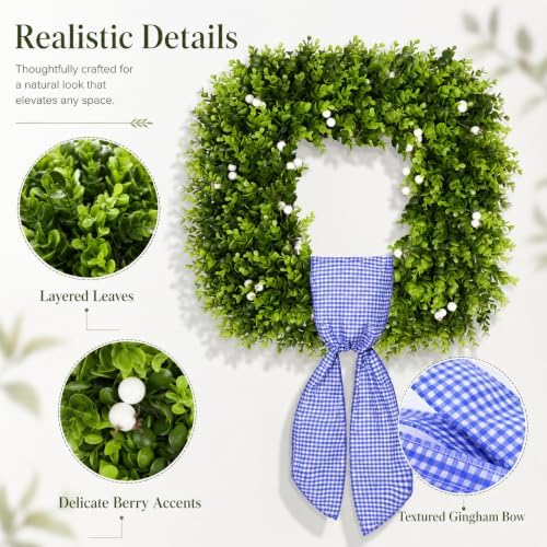 24'' large square green boxwood wreaths for front, close-up detail