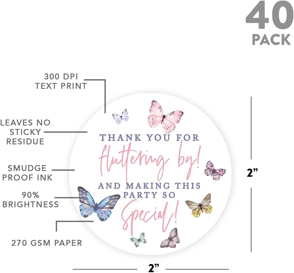 Andaz Press Kids Party Favor Thank You Stickers, Thank You for Fluttering by 80-Pack 2-Inch Round Butterfly Birthday Sticker Labels for Baby Shower 1st Birthday Party Favors, Gift Bags, Girls