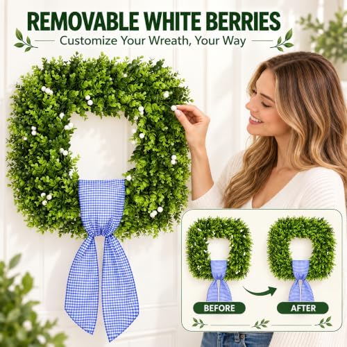 24'' large square green boxwood wreaths for front, side view
