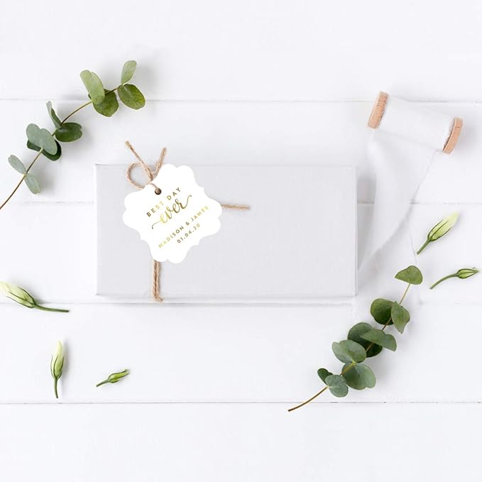 Andaz Press Personalized Fancy Frame Square Wedding Gift Tags, Metallic Gold Ink, Best Day Ever, 24-Pack, Custom Made Any Name, Gold Decor Decorations