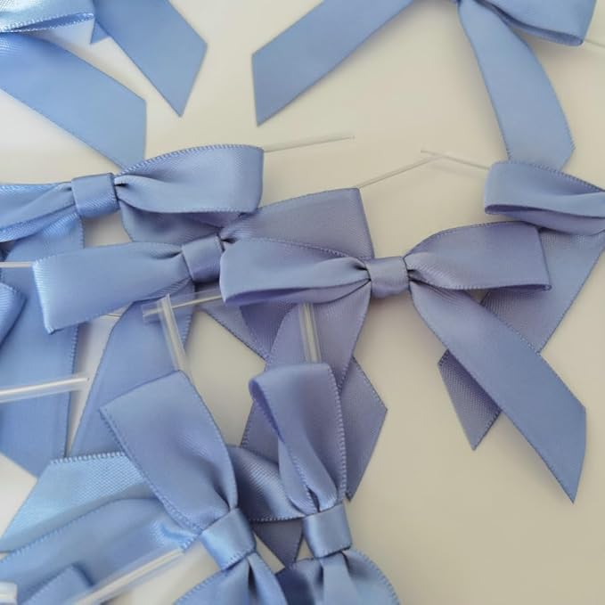 50pcs 2-1/2" Smog Blue Satin Ribbon Bows with Twist Ties Smog Satin Ribbon Bows for Candy Party Decoration Gift Packing Wrapping Accessories(2.5”,Airy Blue)