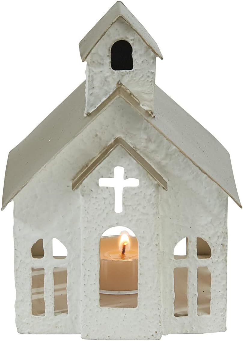 Orchid & Ivy Rustic Textured White Metal Church Tea Light Candle Holder with Cross Cut Out - Decorative House Shaped Tabletop Lantern - Country Farmhouse Religious Christmas Holiday Home Decor