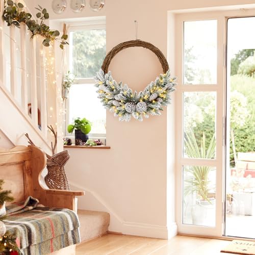 goflame 24” pre-lit artificial christmas wreath, snow flocked, view 9