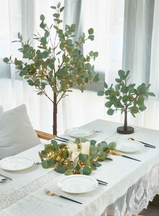 Hairui Lighted Artificial Eucalyptus Garland 6FT 96 LED Battery Operated Faux Vine Lights with Timer for Spring Wedding Backdrop Wall Decor