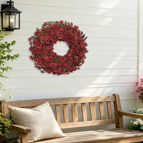 20" burgundy artificial floral wreath for front door, front angle view