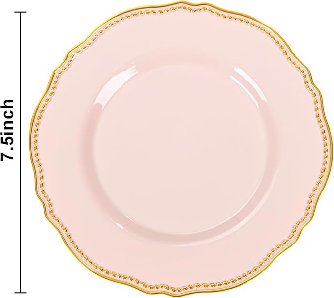Hioasis 60pcs Pink Plastic Plates - Pink and Gold Disposable Dinnerware with Gold Rim, Heavy-duty, 7.5 inch, Dessert Plates for Party & Wedding