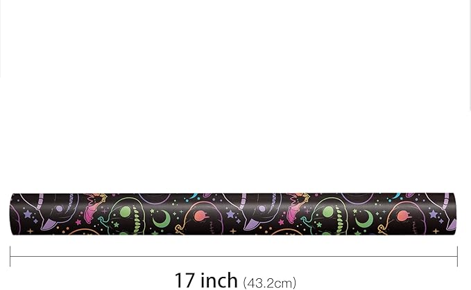 LeZakaa Halloween Pumpkin Wrapping Paper Roll, Neon Pumpkin Witch Hat Bat Pattern in Black, Glow-Like Gothic Kawaii Style Gift Wrap for Spooky Party & Candy Bags, Mini Roll 17 in x 16.4 Ft