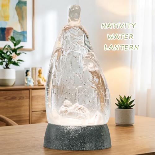 Nativity Snow Globe Holy Family Lighted Snowglobe Lantern with 6H Timer, Battery Operated Nativity Water Globe, White Nativity Scene Religious Decor Gift for Prayer Room, Church, Tabletop, Home Décor