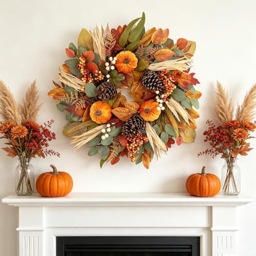26 inch fall wreaths for front door, autumn on a desk or shelf