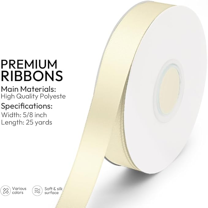 KMER LIFE 5/8 inch x 25 Yards Double Faced Polyester Ivory Satin Ribbon, Perfect for Gift Wrapping Very Suitable for Weddings Party Hair Bow Invitation Decorations and More