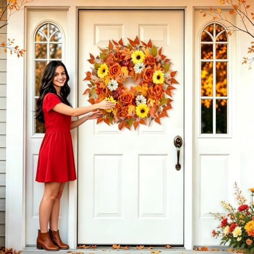 24" fall wreath for front door harvest with, side view