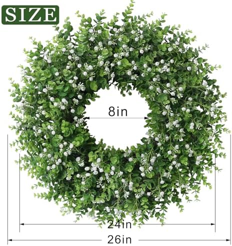 26" artificial eucalyptus wreath with flowers for front showing dimensions