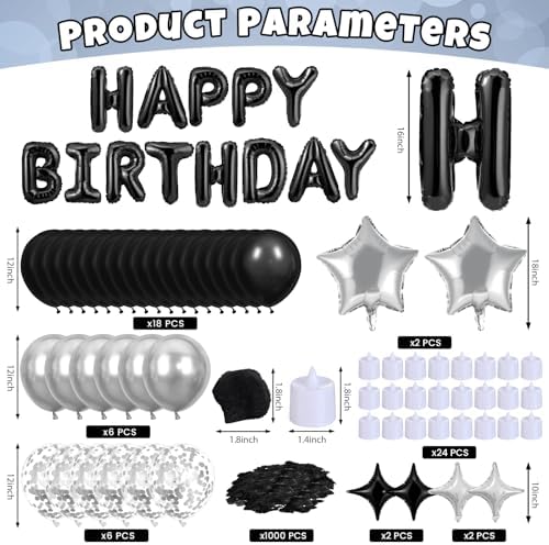 black happy birthday balloons decorations silver and black showing dimensions