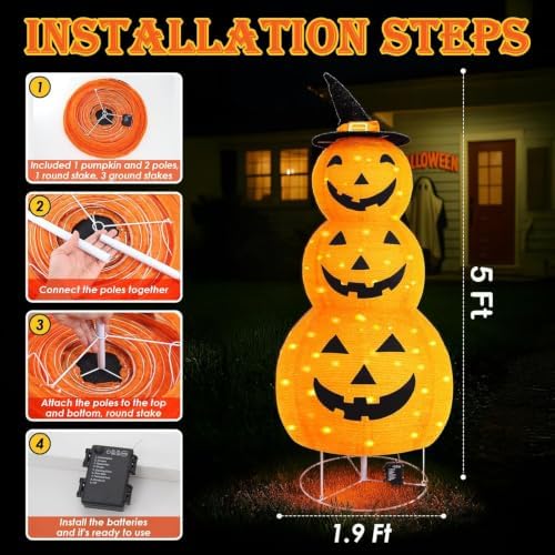 halloween pumpkin decorations, battery operated pre-lit collapsible jack-o-lantern, side view