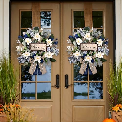 waipfaru wreaths for front door, 22 inch magnolia, front angle view