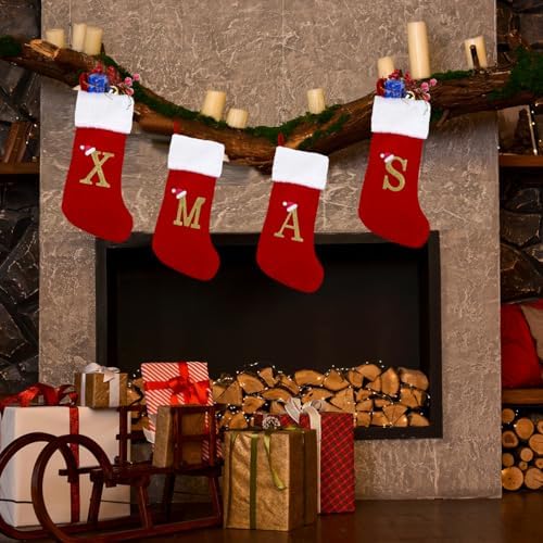 20 Inches Monogram Christmas Stockings with Letters Large Super Soft Christmas Stockings, Red Velvet with White Plush Cuff Embroidered Xmas Stocking for Christmas Family Decor Letter A