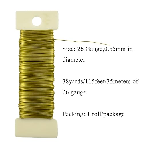 HAHIYO 26Gauge Golden Metal Floral Wire - 1 Roll, 38 Yards (115 Feet) - Flexible Paddle Wire for Craft, Christmas Wreath, Flower Arrangement, Bouquet Wrapping, Wedding, DIY