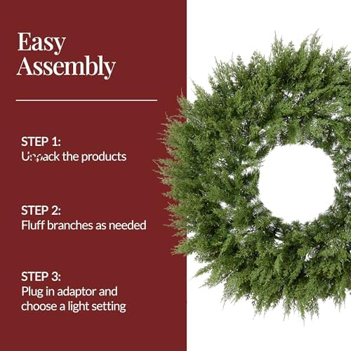 best choice products pre-lit cedar cypress christmas wreath on a desk or shelf